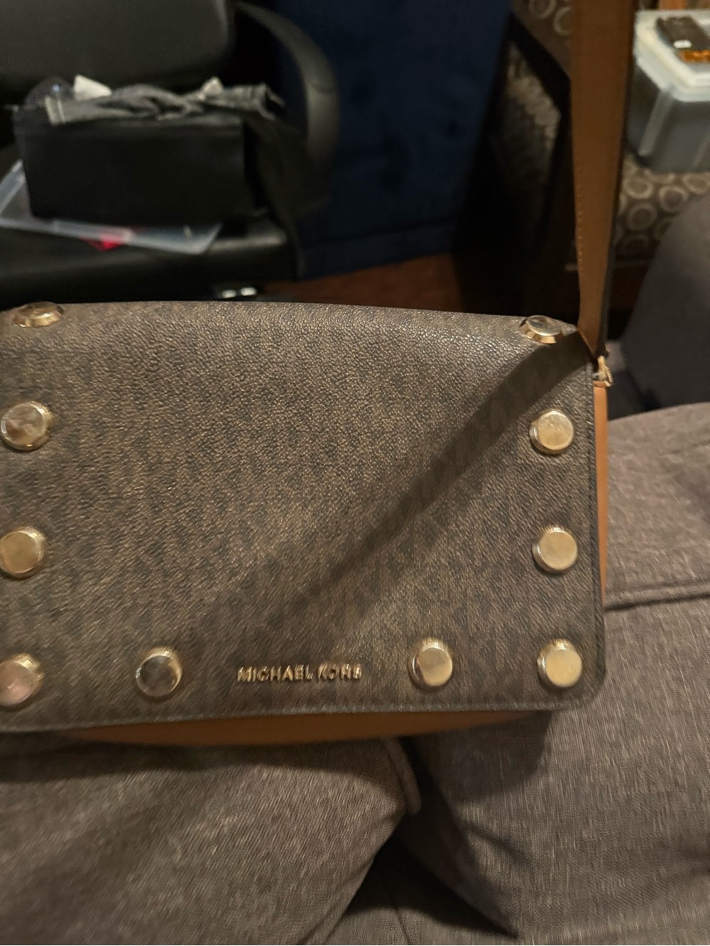 Michael Kors Brown Logo Crossbody with Gold Stud Accents